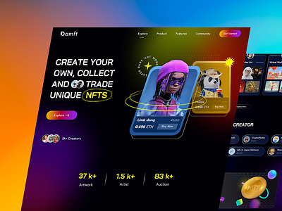 NFT Universe: Discover, Create, Connect 🌌✨ bitcoin crypto cryptoart cryptocurrency cyptomarketplace dark darktheme design landing page marketplace nft nftmarketplace nfts toekn ui ui design ux ux design web design website