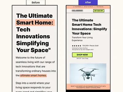 DTC E-Commerce Tech Product Landing Page CRO Redesign conversion conversion optimization cro dtc e commerce figma landing page ui design uiux