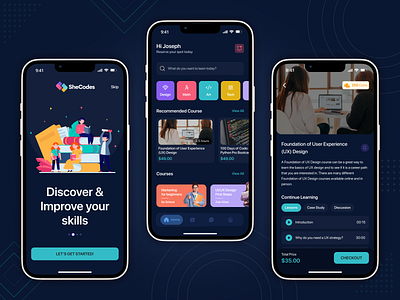 SheCodes - 📱 App version of an Evolutionary E-Learning Platform accessibility animation app branding clean dark mode design dribbble e learning platform education figma graphic design icon minimal motion graphics typography ui ui design ux website