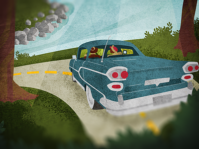 Road Trip 50s car design drive graphic design illustration lake nature vintage