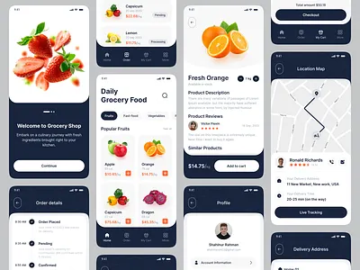 Grocery Shop Mobile App courier delivery services ecommerce app food app food delivery food order food ordering app fruit graphic design grocery store app landing page mobile app mobile design online store restaurant shahinurstk02 shopping shopping app uiux design