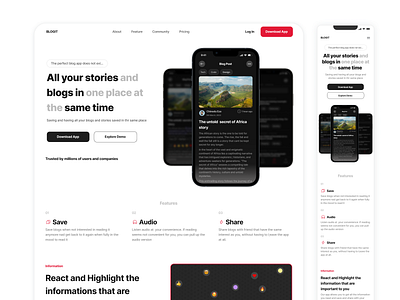 Landing page for the book app (web and mobile version). blog app clean landing page minimalism minimalistic red