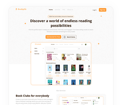 Landing page for a book reading web app named bookpile clean landing page library light mode minimalistic orange