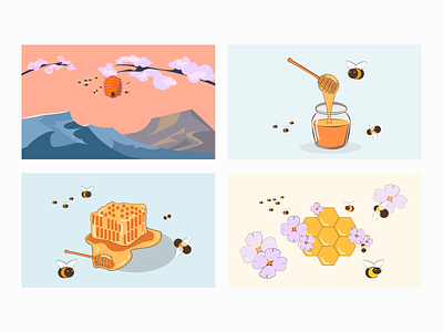 Honey app bee branding design graphic design honey honeycomb illustration mountains product ui vector web illustration