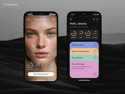 Skin care | Mobile app app ar black blacktheme green health healthtech mobileapp mobileappdesign pink skin skincare ui ux violet wellness white