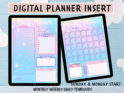 Undated Digital Planner Insert app blue pink bullet journal cute dashboard printable goals priorities graphic design illustration insert ios android kawaii monday notes template schedule water sunday to do list typography ux vector weekly monthly daily