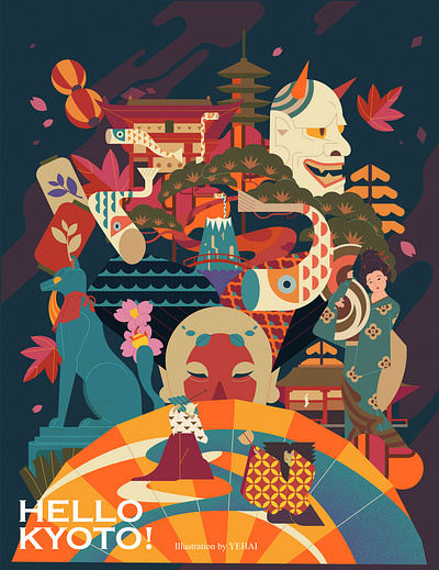 HELLO KYOTO! asia commercial illustration culture illustration illustrator japan kyoto publicity poster