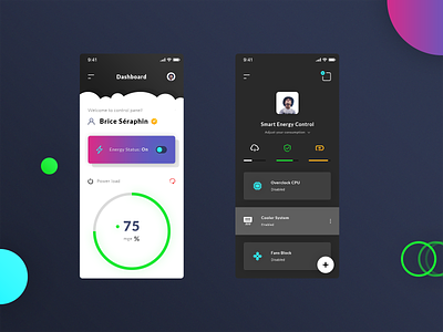 Energy Dashboard app application ios android brand branding cooler system energy dashboard ernergy status fans block graphic design illustrator ai mobile smartphone overlock cpu photoshop psd print designer pwoer load smart energy control typo typography ui ux designer