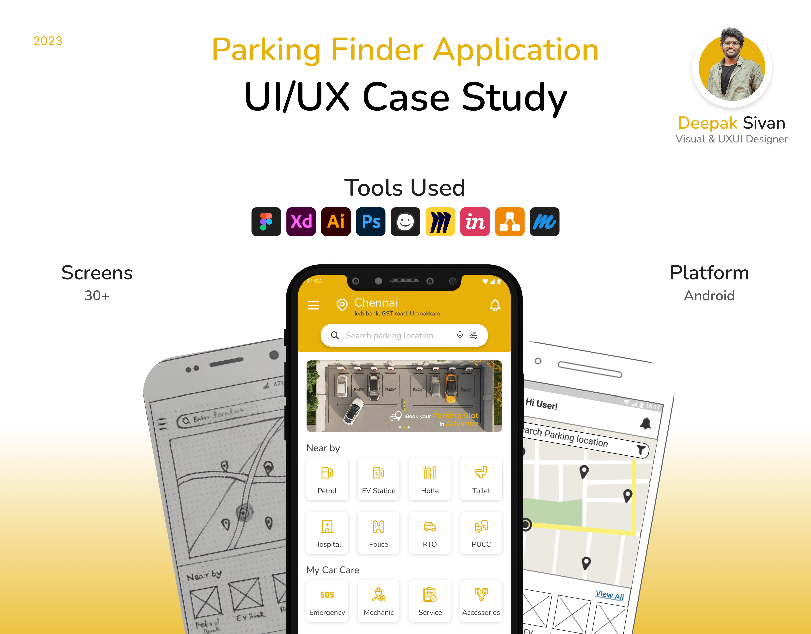 Parking finder UXUI Case study (PARKIT) adobe xd android app app ui booking car parking case study figma parking logo mobile application navigation parking finder parking reservation parking slot slot booking ui ui design user experience uxui yellow