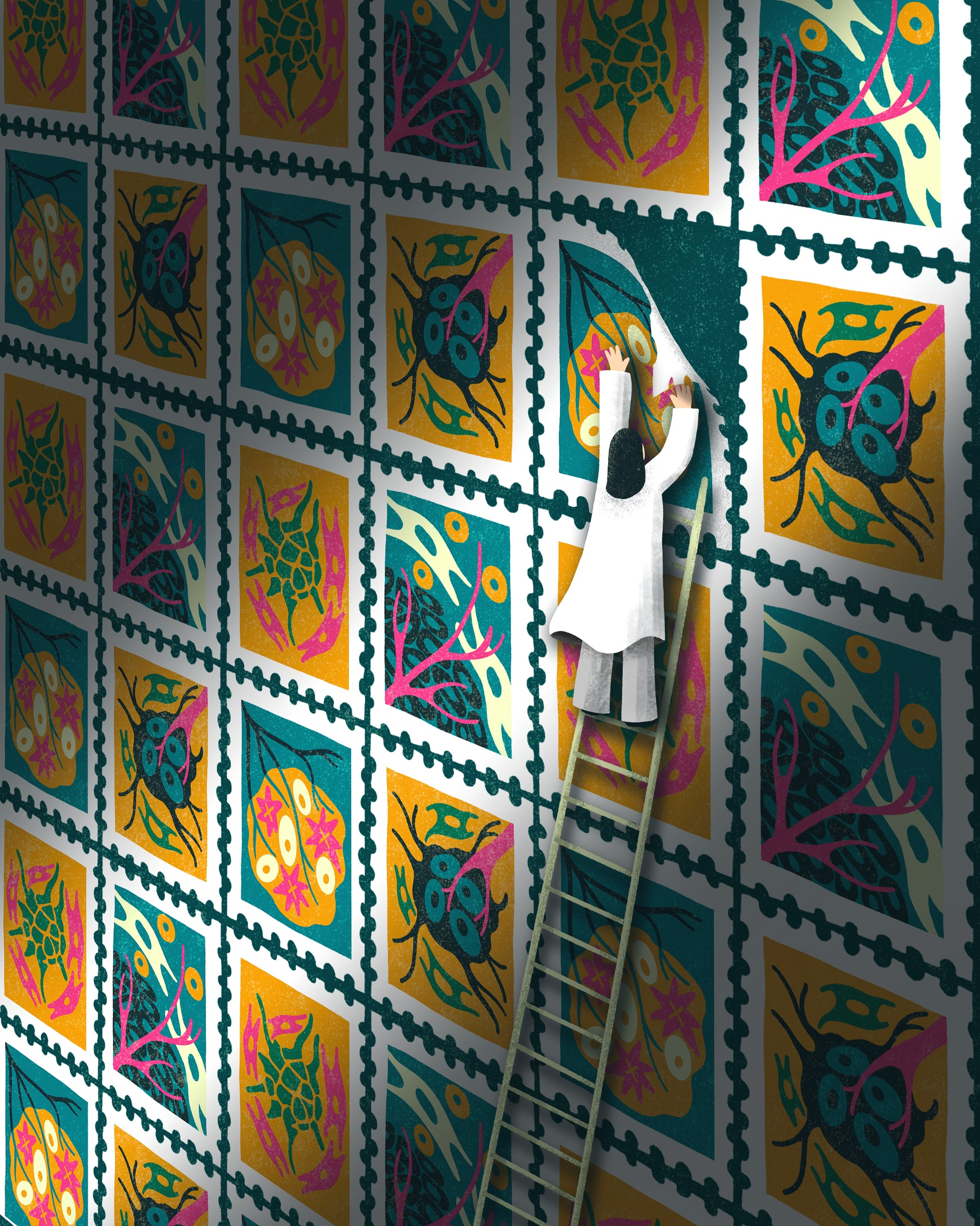 Wall of Stamps - Genentech & Nature Magazine