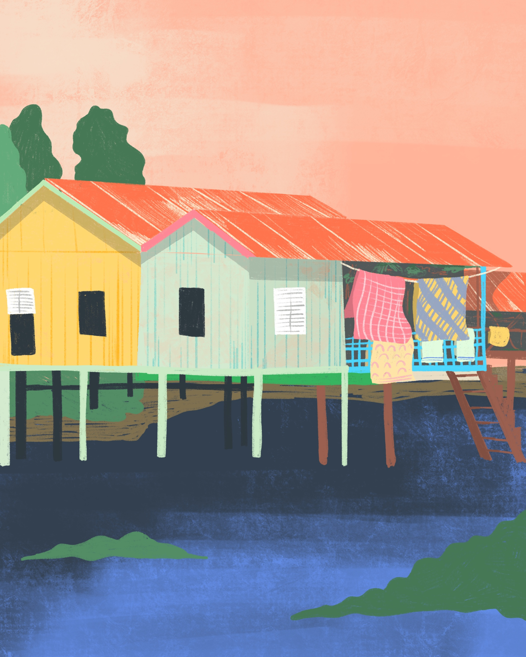 Stilt Houses architecture architecture illustration asia brand illustration climate change climate change art color palette inspiration commercial artist draw houses editorial artist editorial illustration mangroves nature art nature artist nature illustration patagonia rainbow houses travel travel art travel illustration