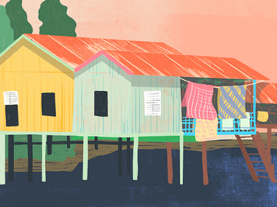 Stilt Houses architecture architecture illustration asia brand illustration climate change climate change art color palette inspiration commercial artist draw houses editorial artist editorial illustration mangroves nature art nature artist nature illustration patagonia rainbow houses travel travel art travel illustration