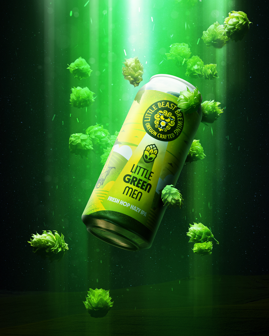Little Green Men - Photo BTS alien beam beer beer can beer label branding brewery can farm farming fresh hops green hops ipa motion graphics packaging photography space spaceship ufo