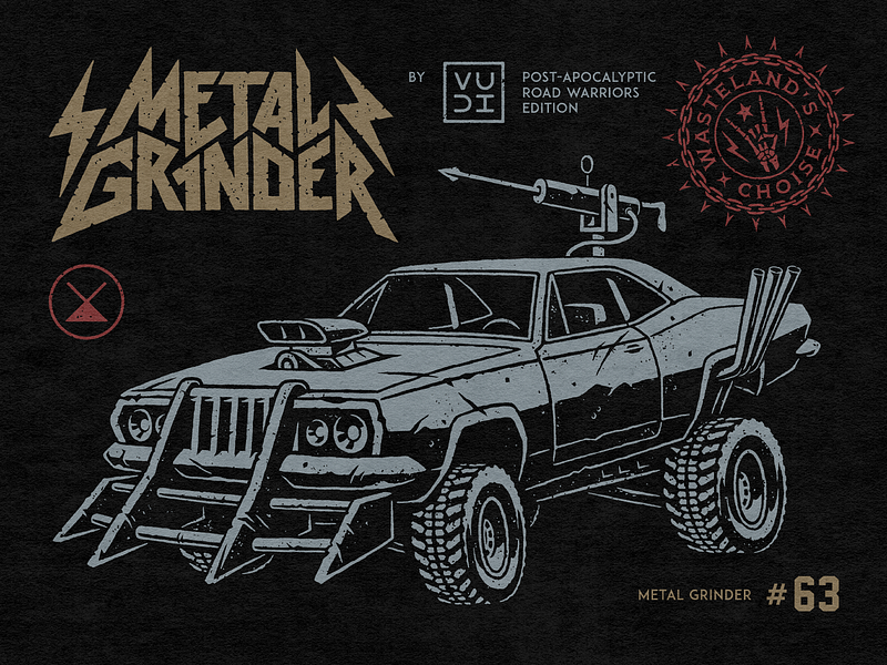 Metal Grinder apocalypse armor art artwork battle car drawing grunge illustration ink lettering mad max post apocalyptic road sticker vehicle vintage war warrior world end