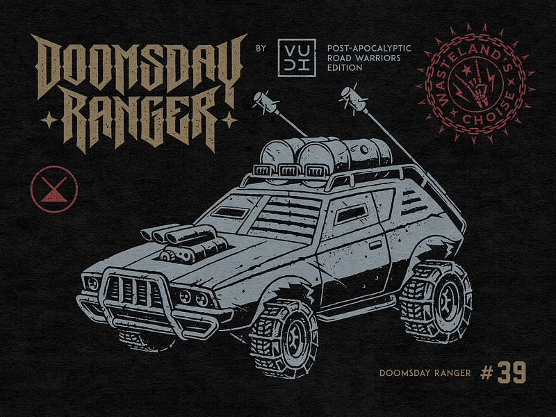 Doomsday Ranger apocalypse art artwork battle car drawing explosion grunge illustration ink lettering mad max post apocalyptic road rocknroll survival vehicle war wild world end