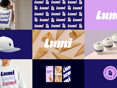 Lumi Ice Cream Brand Identity apparel bag branding cone design graphic design hat ice cream icon illustration logo mark package packaging pattern pink purple stickers sweatshirt type