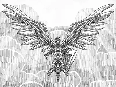 Angel angel art black and white character character design digital illustration light lineart monochrome sky warrior