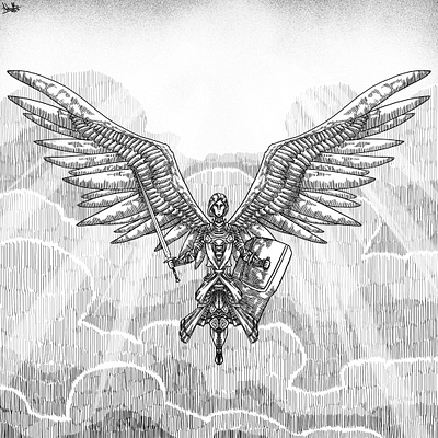 Angel angel art black and white character character design digital illustration light lineart monochrome sky warrior