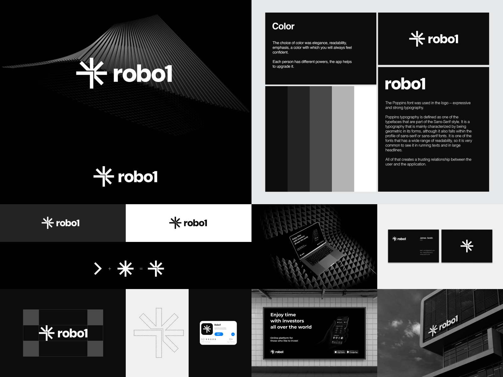 Robo1 brand identity app banner billboard black branding business card color palette finance font graphic design identity logo logo design logodesign logotype minimal minimalist safe zone simple typeface