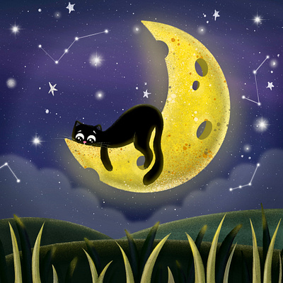 Children's Book Illustration "The Moon Cheese" book illustration cartoon cat children children book children book illustration children illustrator childrens book illustrator illustration kidlit kidlit illustration moon night picture book picture book illustration stylized