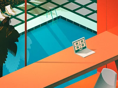 Retro Home Office 60s aesthetic beautiful fashion home office house illustration laptop lifestyle luxury mid century modern palm pool premium realistic retro style sunset vintage