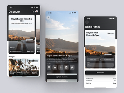 Hotel Booking App app black and white booking branding clean concept design facility hotel minimalism mobile app modern review simple tourism travel travel app ui