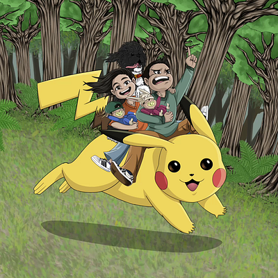 Family Riding a Giant Pikachu Through the Forest (2023) 2d 2danimation 2dart animation toonboom toonboomanimation toonboomharmony