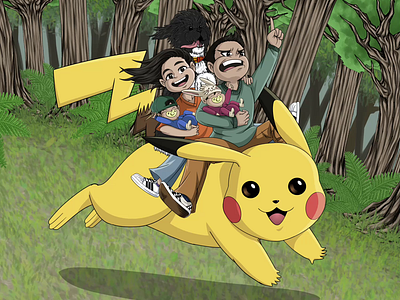 Family Riding a Giant Pikachu Through the Forest (2023) 2d 2danimation 2dart animation toonboom toonboomanimation toonboomharmony