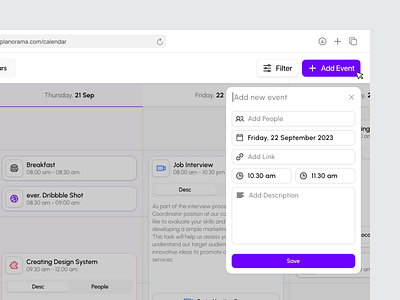 Add Event & Select Date - Calendar Dashboard agenda calendar calendar dashboard component dashboard dashboard component date events meet meeting product design project management reminder saas schedule task to do ui component