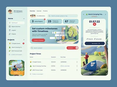 Project Management Platform camping dashboard design illustration interface overview platform product project managment timer ui ux web