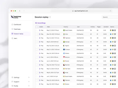 Session recordings UI analysis clean ui dribbble growth light mode purple replay saas seo sessions table table view ui users ux web3