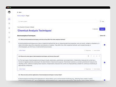 Ai Web app - Project Research ai ai webapp answer clean dashboard design export figma filter minimal questions answers report topic find topic research ui ux webapp