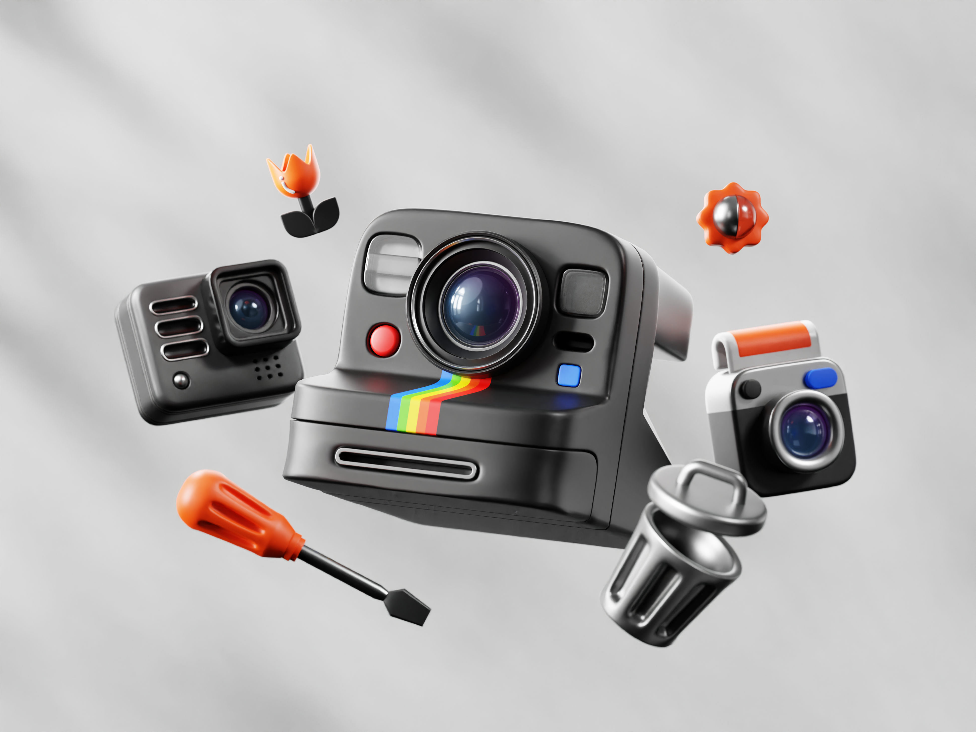 3D Photography Icons 3d 3d icon 3d illustration 3d modelling aeshthetic camera element floating go pro gobos icon illustration instant camera macro photography polaroid render shadow