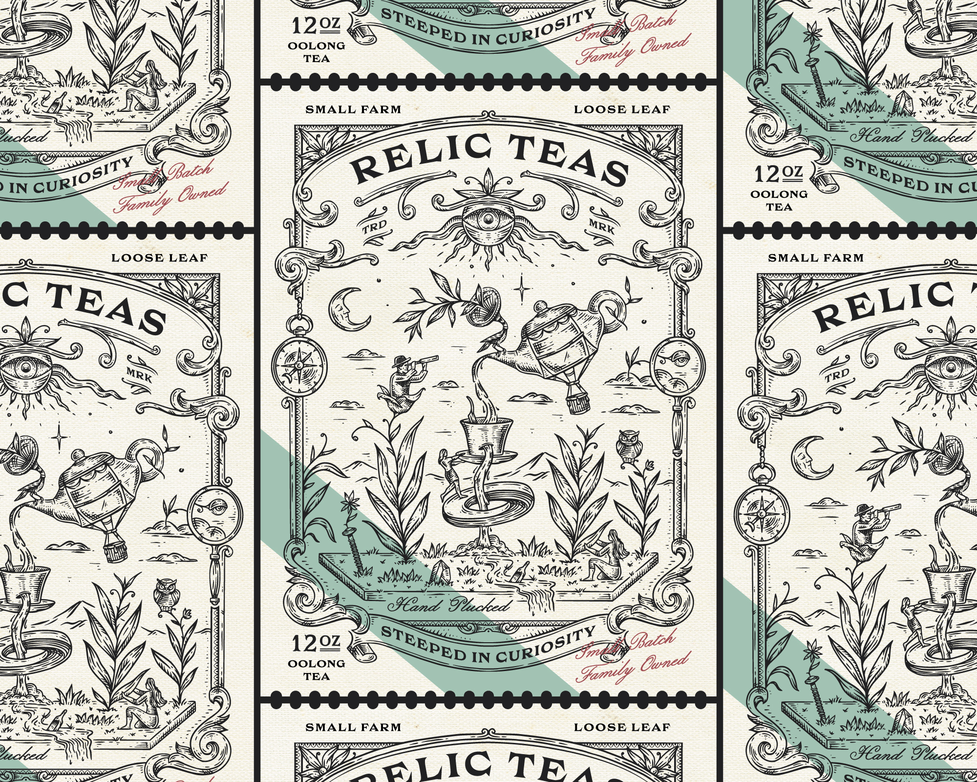 Relic Teas - Steeped in curiosity branding graphic design hand drawn illustration label packaging packaging design tea logo
