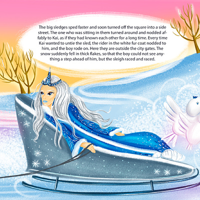 Snow Queen book book illustration cart character character design childrens illustration coat fairy tale girl illustration queen sleigh snow snowflakes trees winter