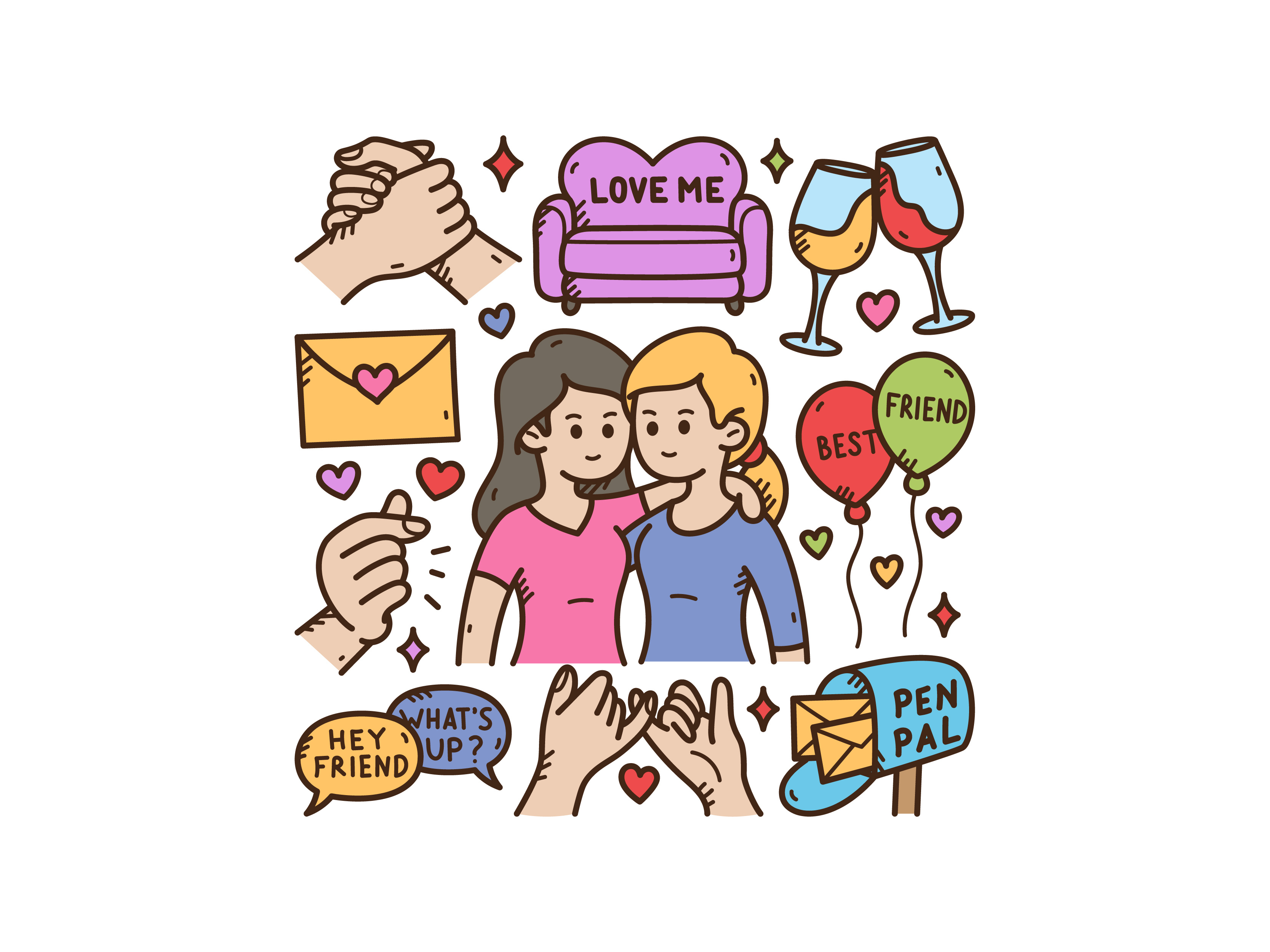 Friendship Doodle Set cute doodle friendship glass illustration sofa vector