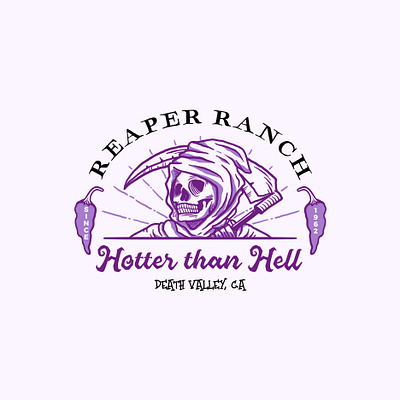 Reaper Ranch logo badge brand branding business classic food hand drawn identity logo mexican reaper retro sauce skull small vintage