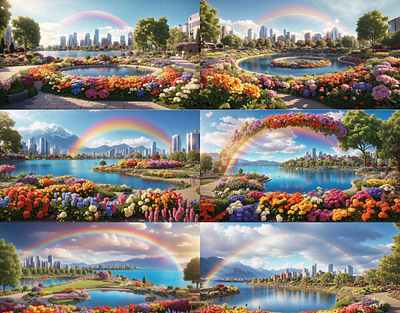 Urban Serenity: Unveiling an Elegant Modern Park 3d 3d art ai art cgi city cityscapes colorful environment floral flowers illustration lake modern nature park rainbow town trees urban water