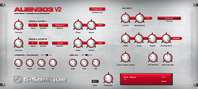 Alien 303 V2 by G-Sonique, UX UI GUI designer, VST synthesizer design graficky dizajner grafik gui machine piestany plugin slovakia slovensko software synthesizer ui ux vst