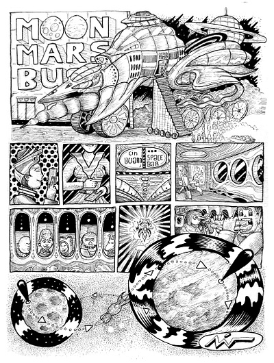 "Moon Mars Bus" art bd black and white color pencil comics design draw dream experimental fun graphic design illustration moon nft poster science fiction spaceship water ink