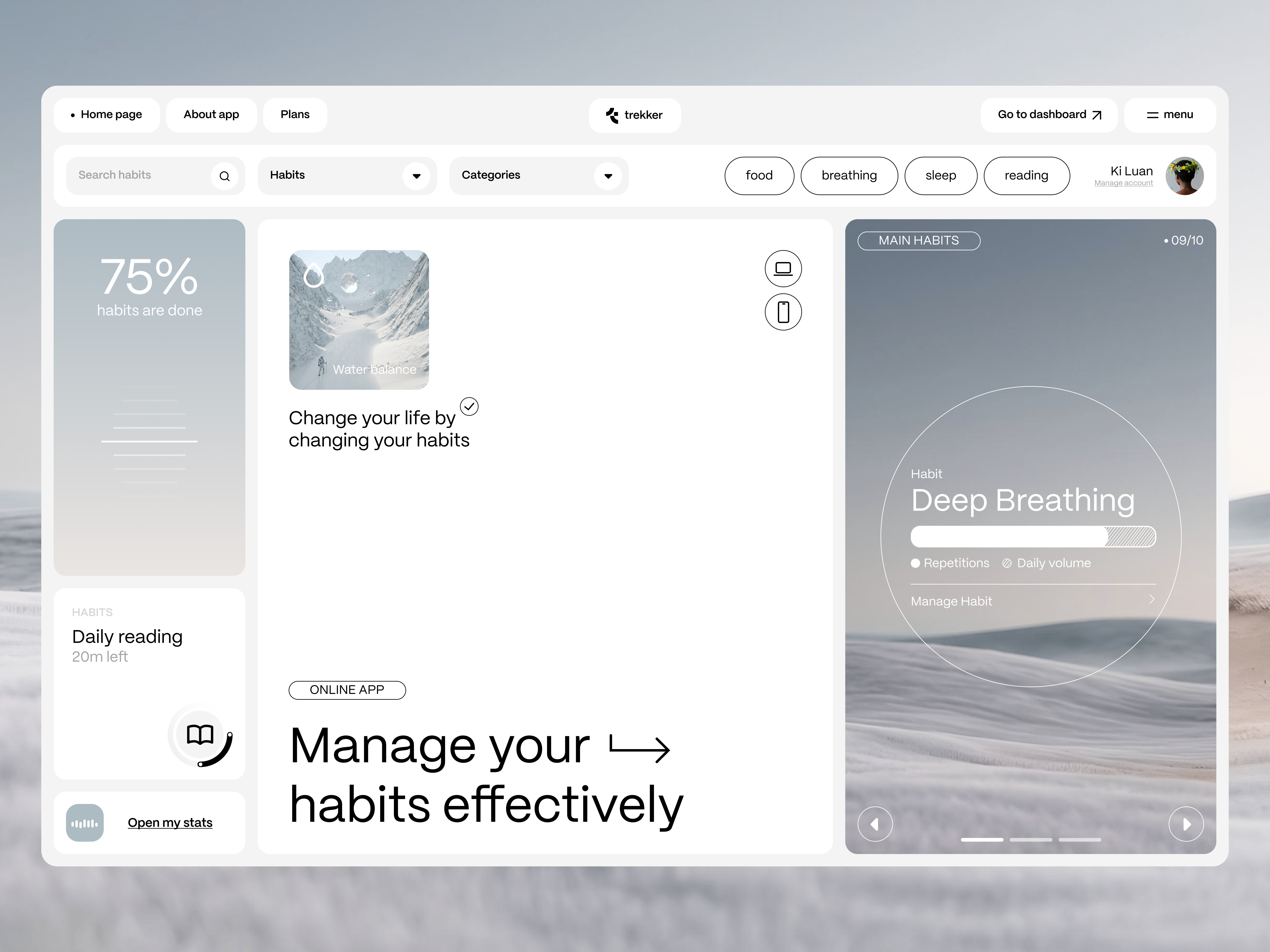 Trakker website - Manage your habits online © 3d blue clean dashboard habits landscape stats tracker website