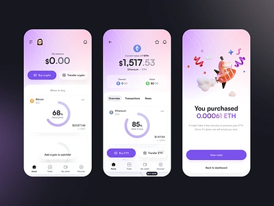 CoinFlow - Crypto App app celebration screen clean crypto dashboard data ethereum mobile app purchase purple success ui