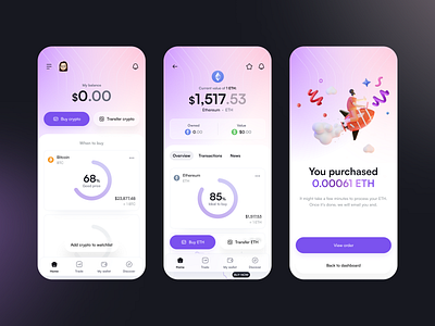 CoinFlow - Crypto App app celebration screen clean crypto dashboard data ethereum mobile app purchase purple success ui