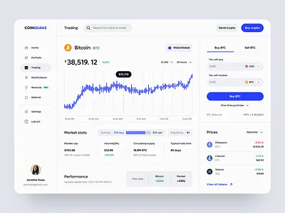 Coinquake Dashboard design interface product service startup ui ux web website