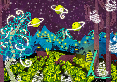 Background illustration of a fictional universe background backgroundillustration cosmos creature digitalart fantasy farm fiction field galaxy goat kraut mountains mushroom night planet sauerkraut scooter stars universe