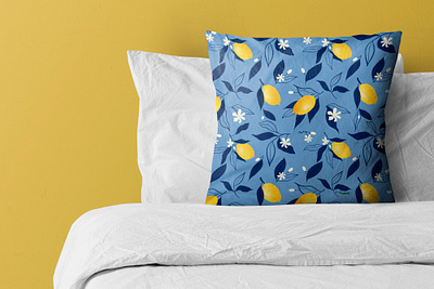 Handdrawn Seamless Lemon Tree Pattern art bloom blue flower handdrawn lemon pattern saemless seamless tree yellow