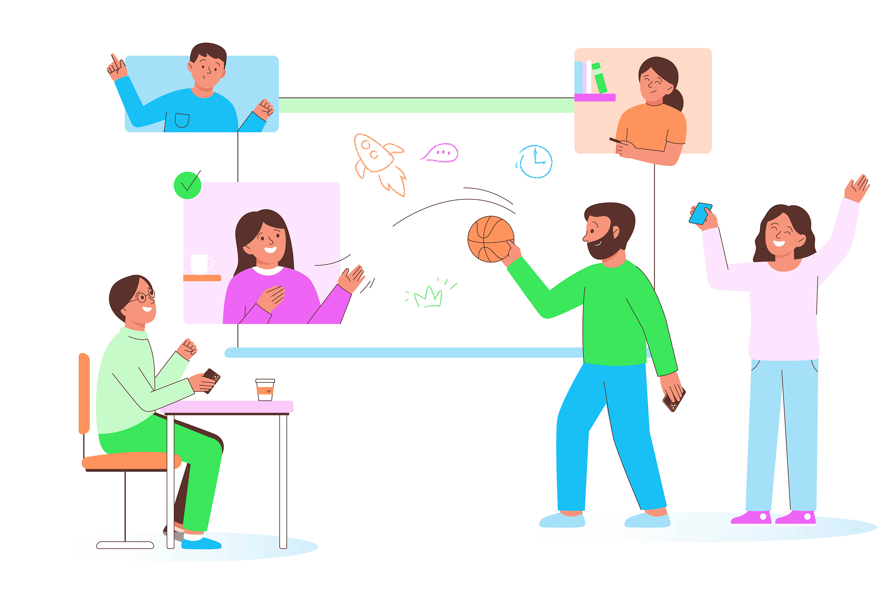 Mixate Characters brainstorm cartoon character colleagues color colorful cute design home hybrid illustration joy meeting office online space ui vector work workspace
