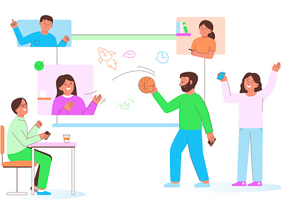 Mixate Characters brainstorm cartoon character colleagues color colorful cute design home hybrid illustration joy meeting office online space ui vector work workspace