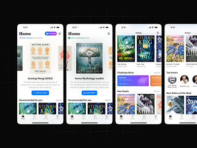 BookStore app book design figma home info ios library listen book mobile product read store tags ui ux