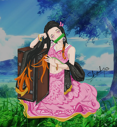 Nezuko with Indian Attire - Illustration adobe animation art digitalart graphic design illustration illustrator indian